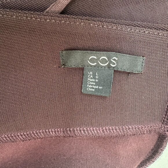 COS Chocolate Brown Ponte Knit Gathered Sleeve Open Back Midi Dress Size Large - Picture 9 of 14